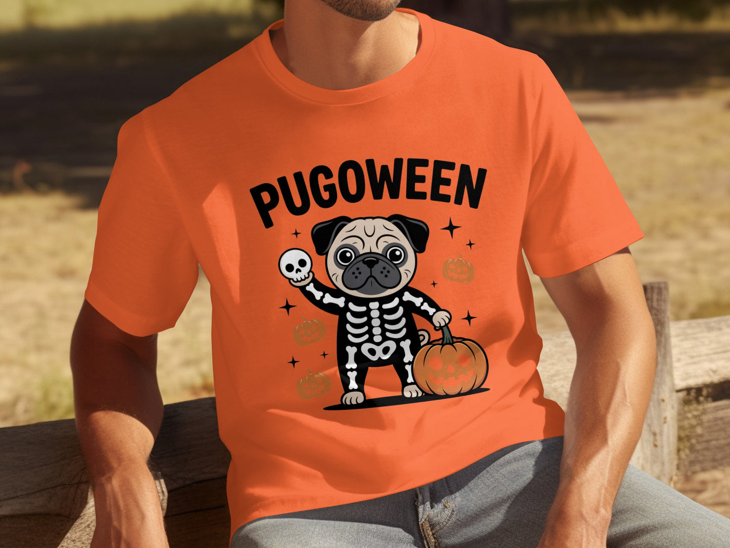 Pugoween Skeleton Pug Holding Pumpkin Halloween Shirt