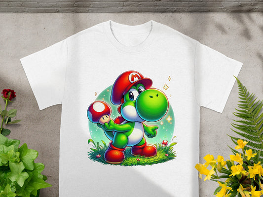 Yoshi in a red hat holding a mushroom, on a t-shirt.