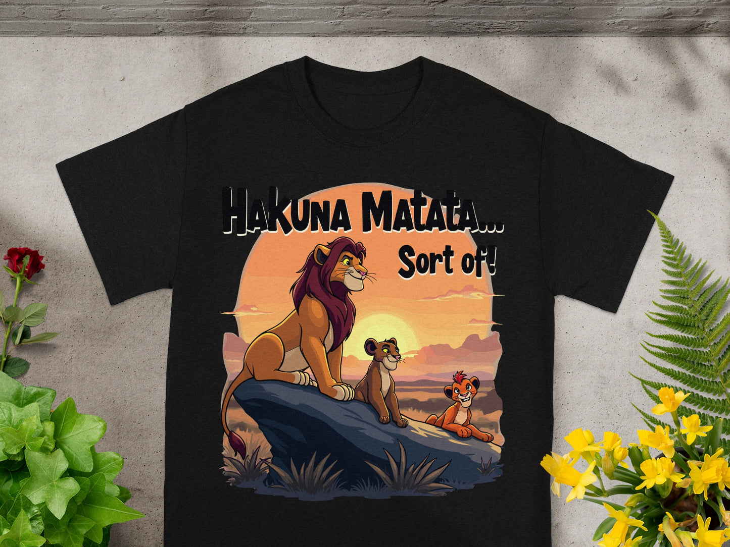 Black t-shirt with The Lion King characters and "Hakuna Matata... Sort of!" text.