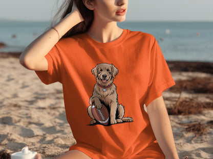 Cute Golden Retriever with Football T-Shirt Design