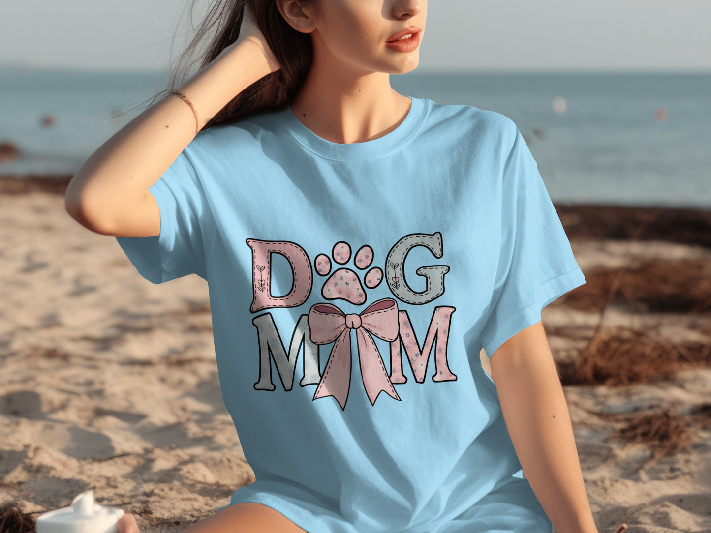 Dog Mom Paw Print and Pink Bow Graphic T-shirt