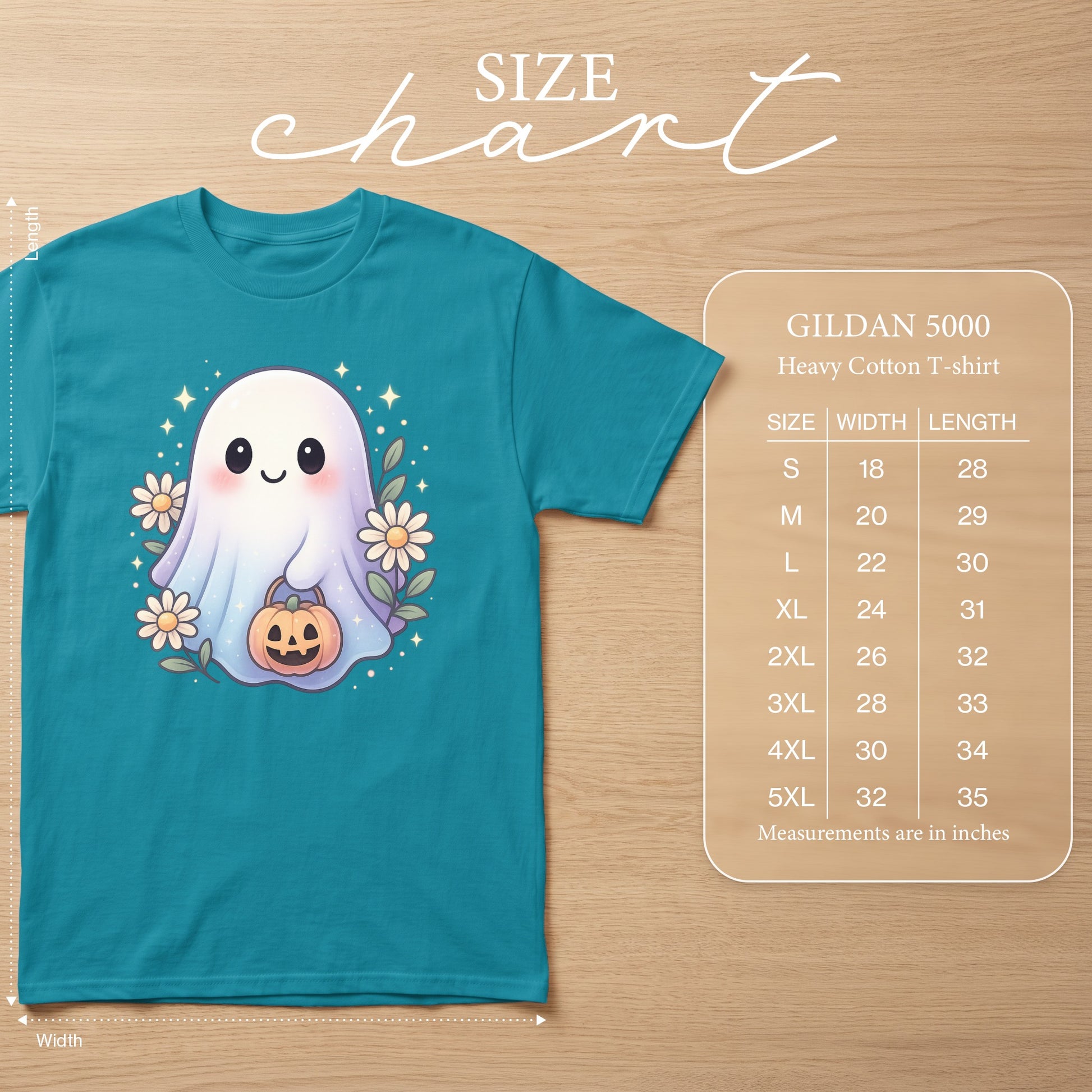 Teal t-shirt with cute ghost holding pumpkin and daisies, size chart included.