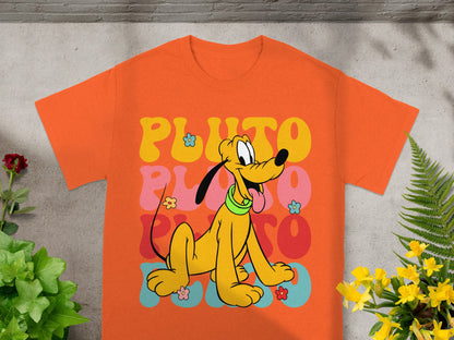 Orange t-shirt with retro Pluto graphic and "Pluto 2000" text.