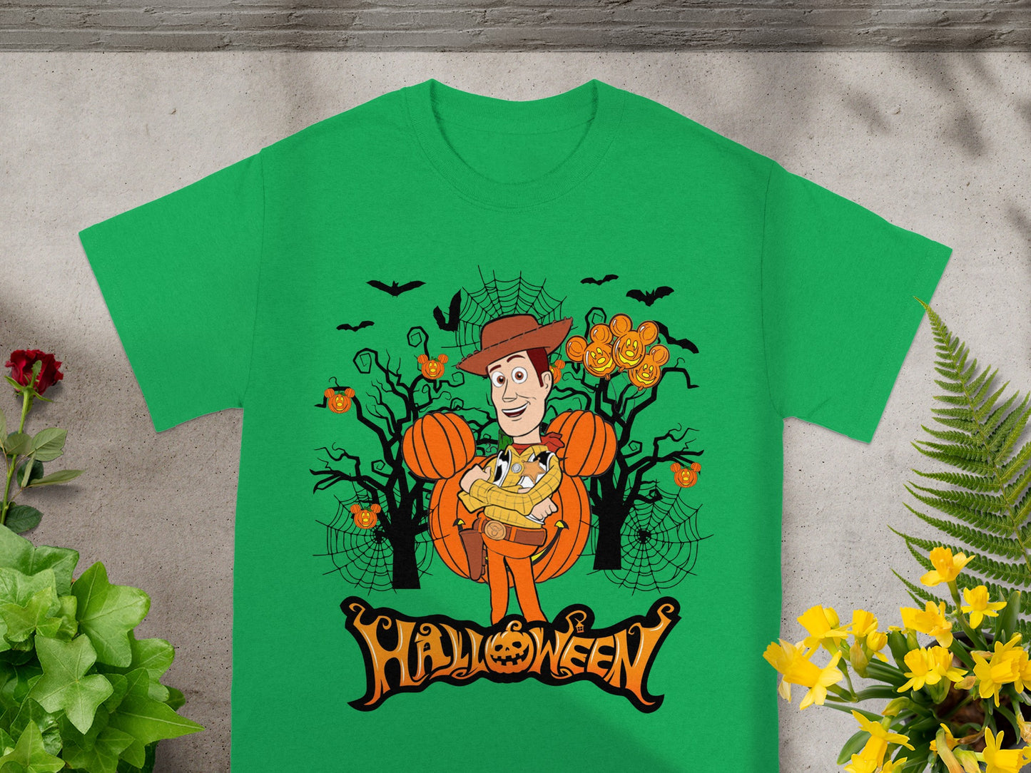 Woody character in Halloween theme with pumpkins and bats.