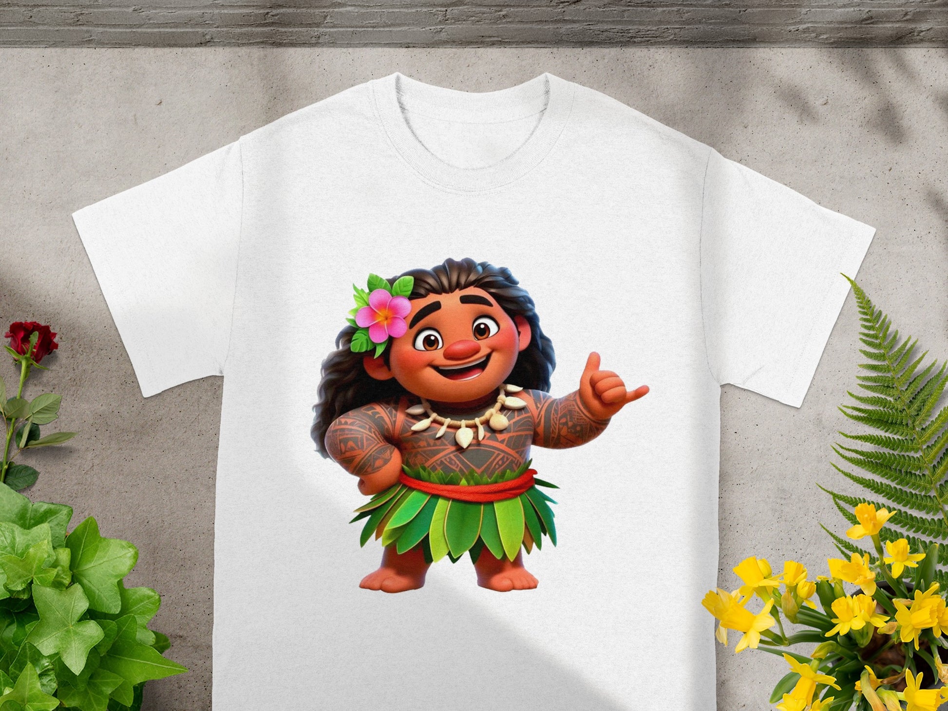 Cartoon character with flower in hair, wearing lei and green skirt, on a white t-shirt.
