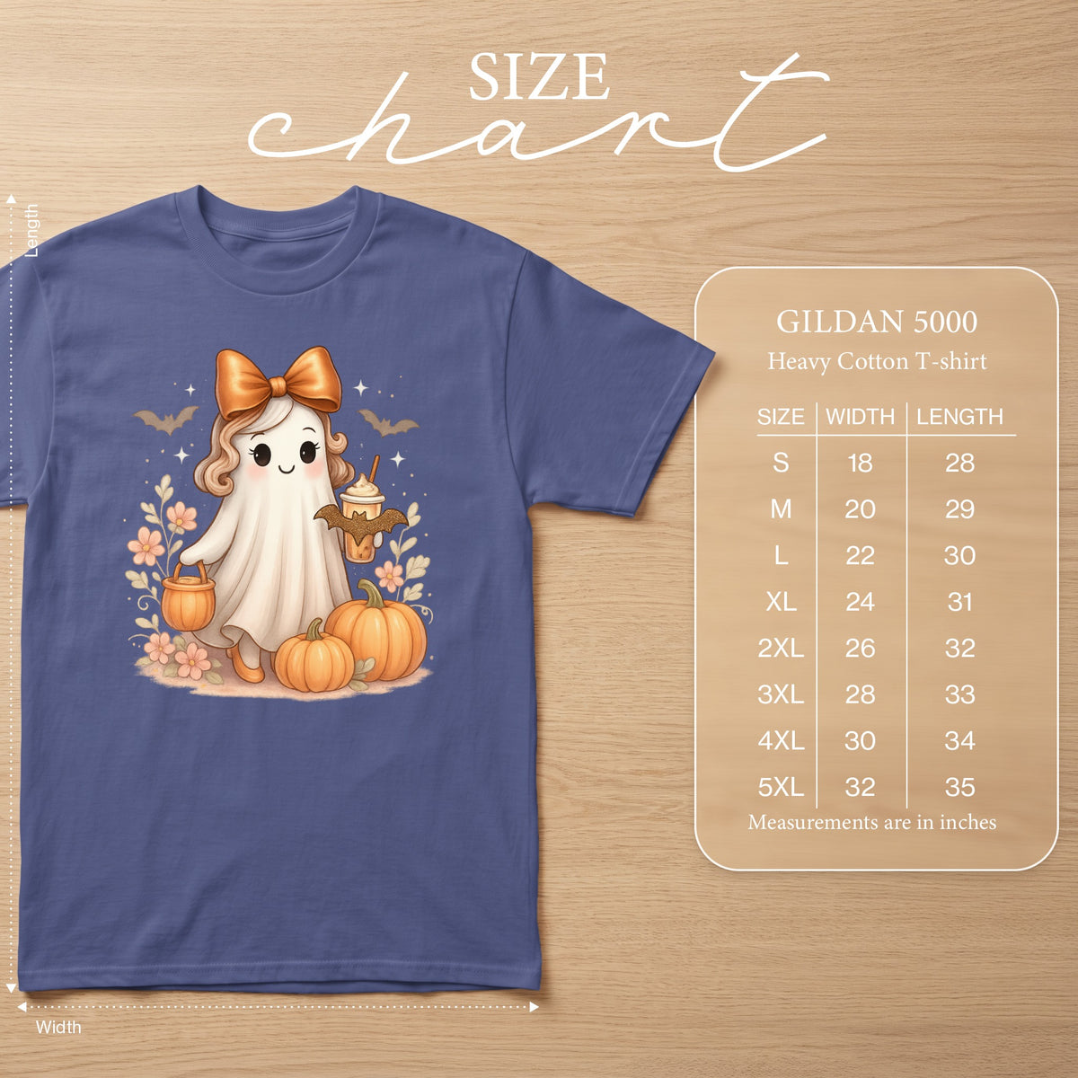 Gildan 5000 Heavy Cotton T-shirt with cute ghost graphic and size chart.