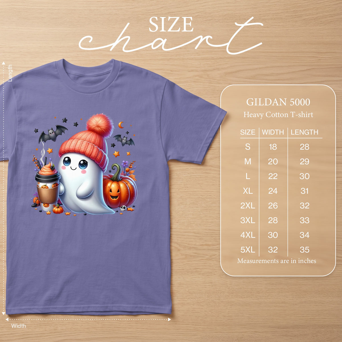 Purple Gildan 5000 heavy cotton t-shirt with ghost, pumpkin, and coffee cup graphic.