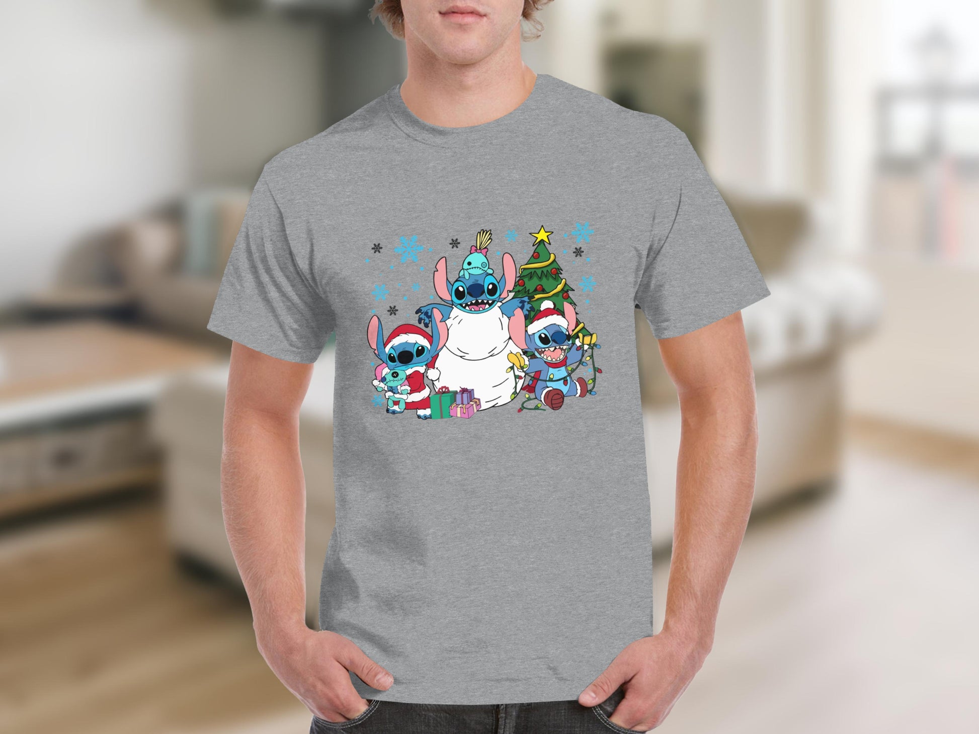 Stitch Characters Celebrating Christmas Scene Shirt