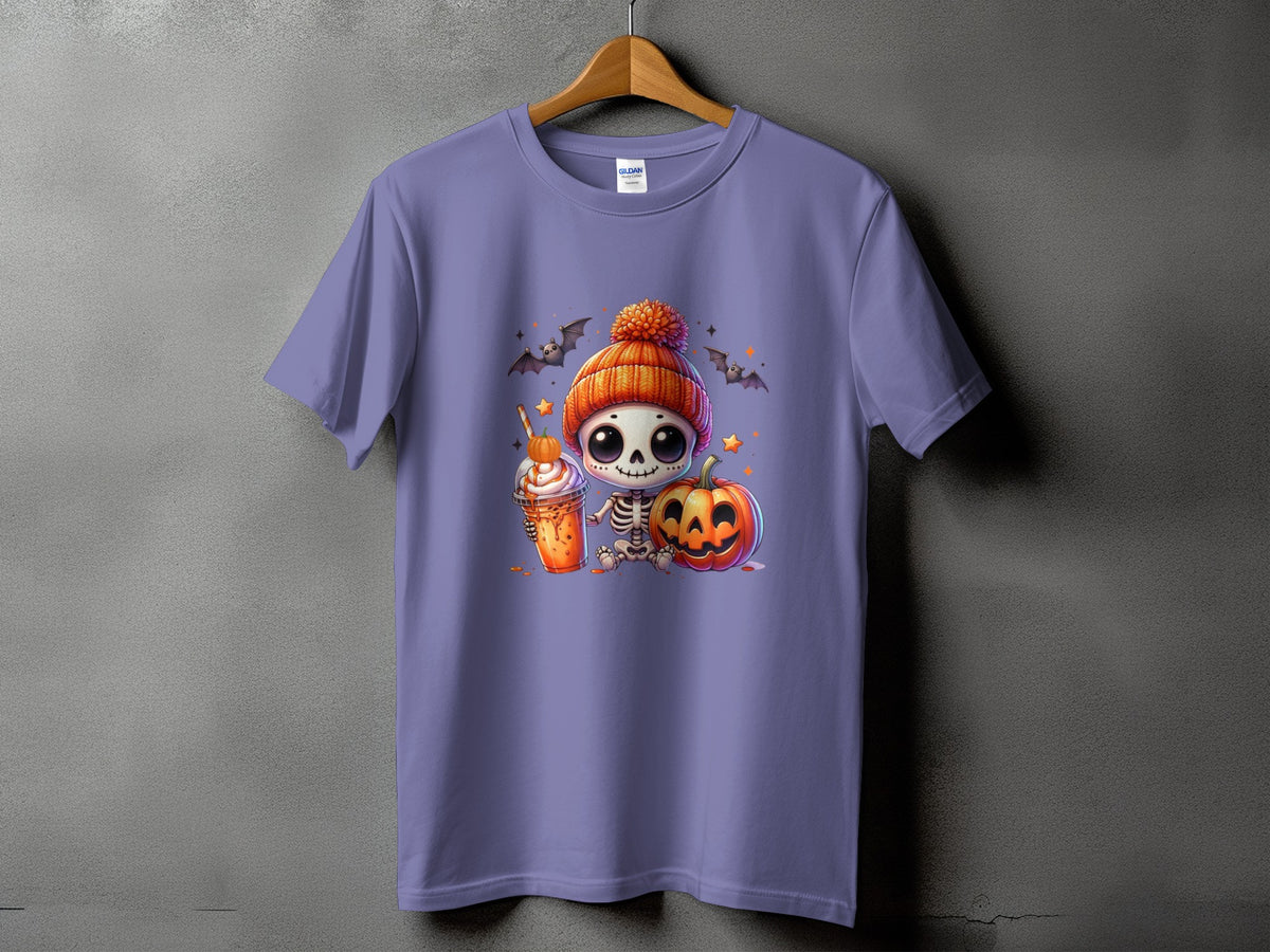 Cute skeleton in pumpkin hat with latte and pumpkin on purple t-shirt.