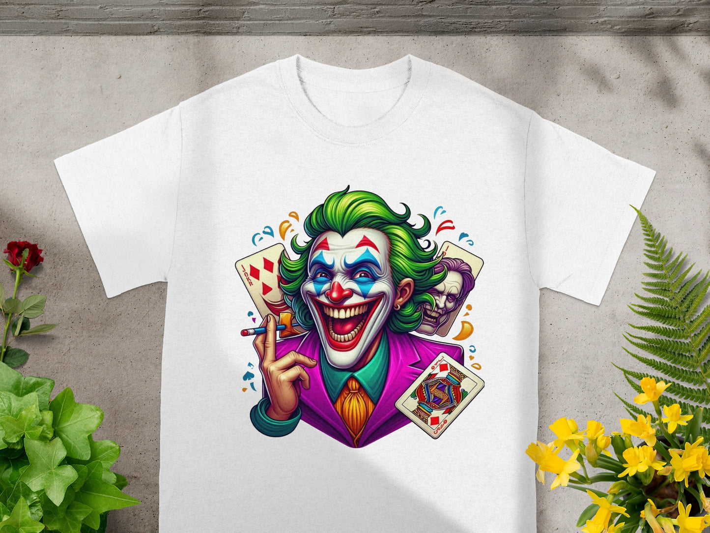 Joker t-shirt with playing cards and green hair.