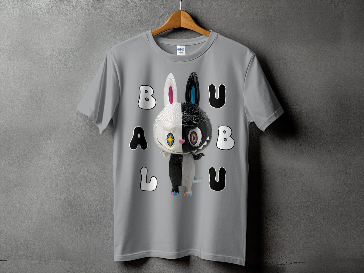 Grey t-shirt with a graphic of a black and white split bunny and text "BALU".