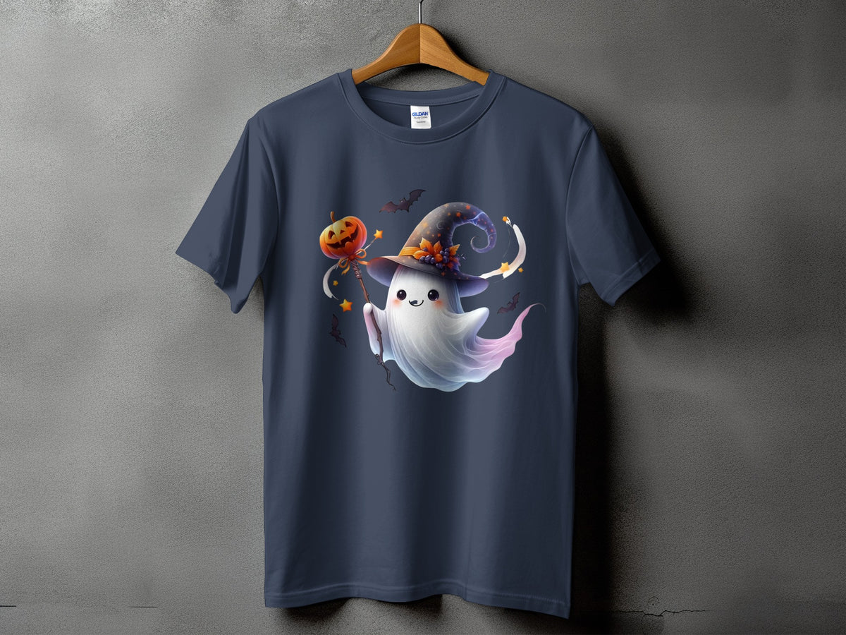 Dark blue t-shirt with a cute ghost in a witch hat holding a pumpkin on a stick.