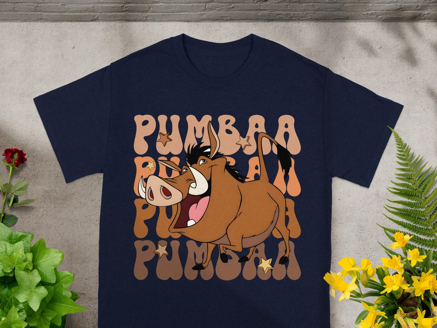 Navy t-shirt with Pumbaa graphic and repeating "PUMBAA" text.