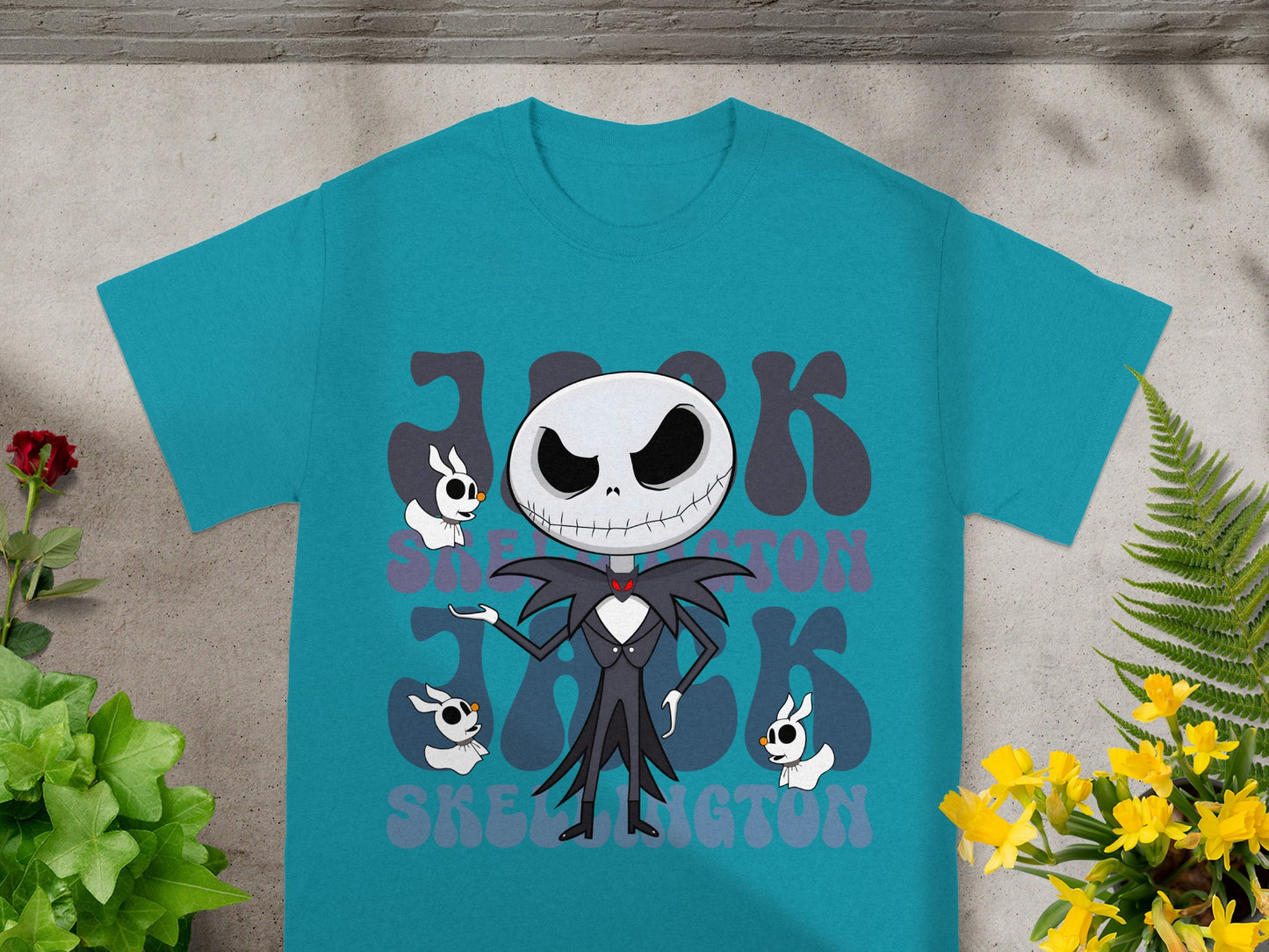 Jack Skellington on teal t-shirt with "Jack" repeated.
