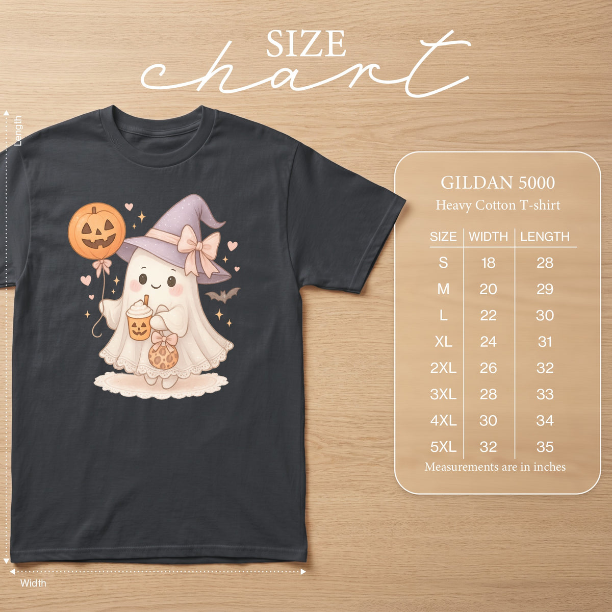 Gildan 5000 size chart for a heavy cotton t-shirt with a Halloween ghost design.
