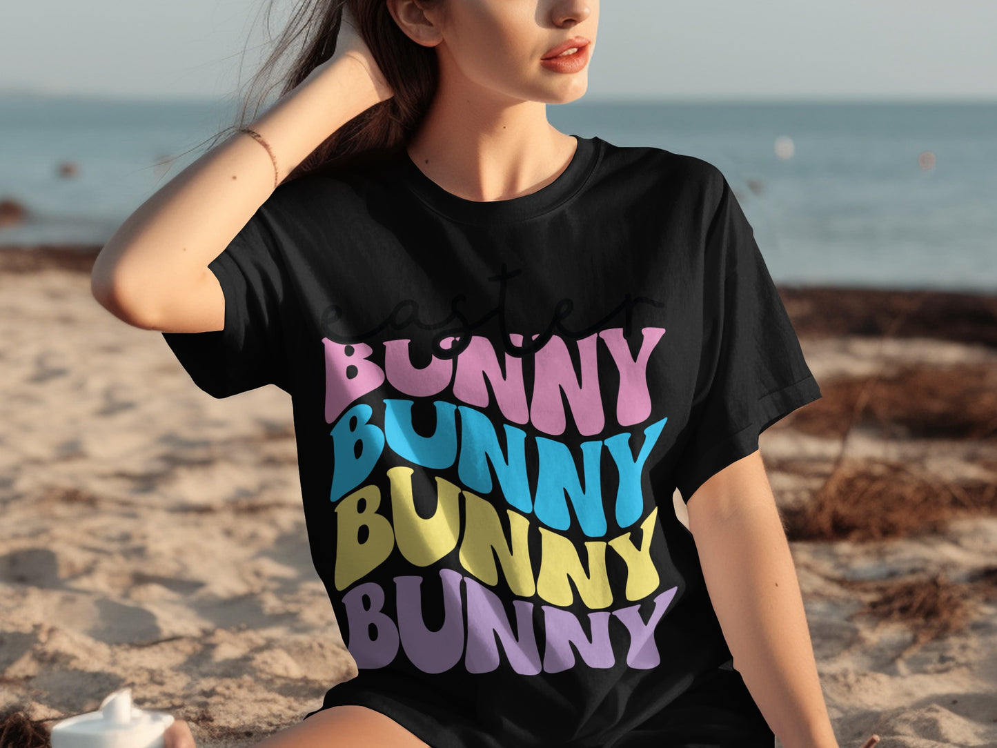 Colorful Easter Bunny Design on Beach Apparel