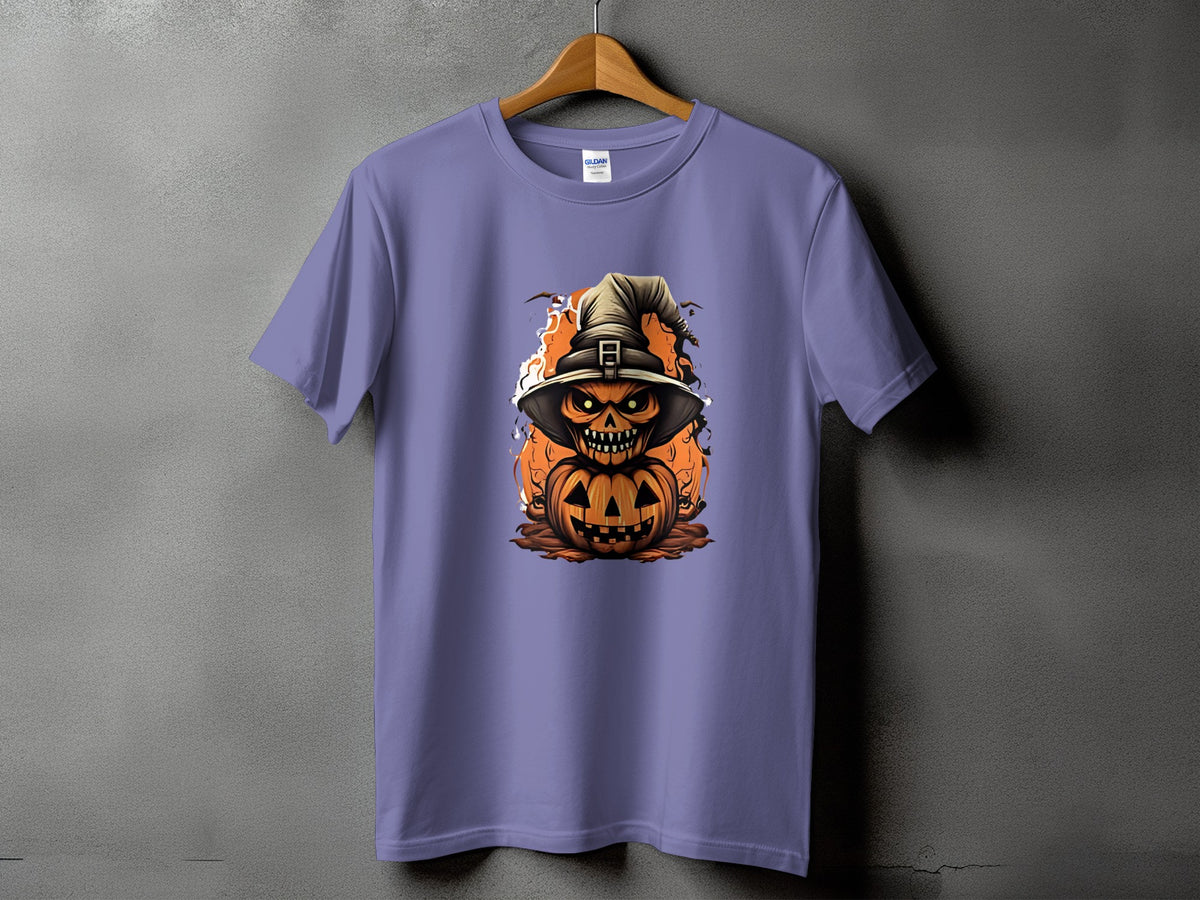 Purple t-shirt with a scary jack-o-lantern wearing a witch hat and flames.