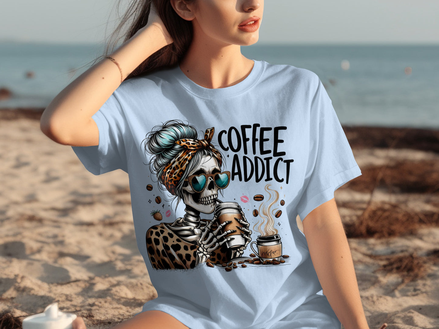 Coffee Addict Skeleton Graphic Tee Shirt For Coffee Lovers