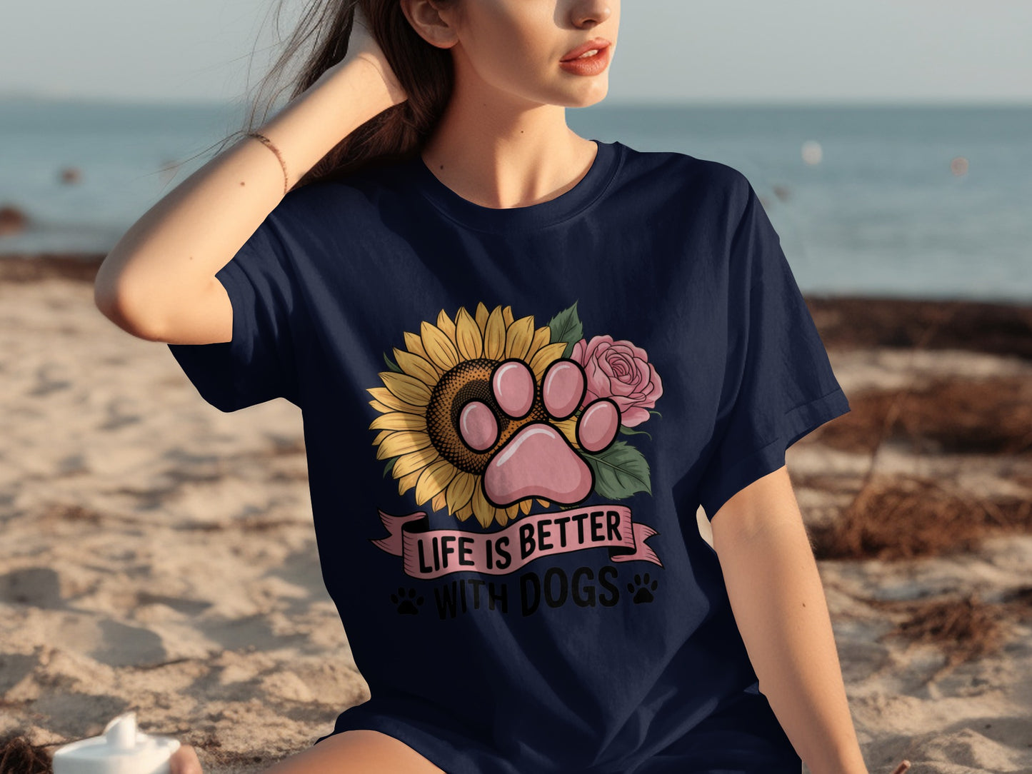 Life is Better with Dogs Sunflower and Paw Print T-shirt