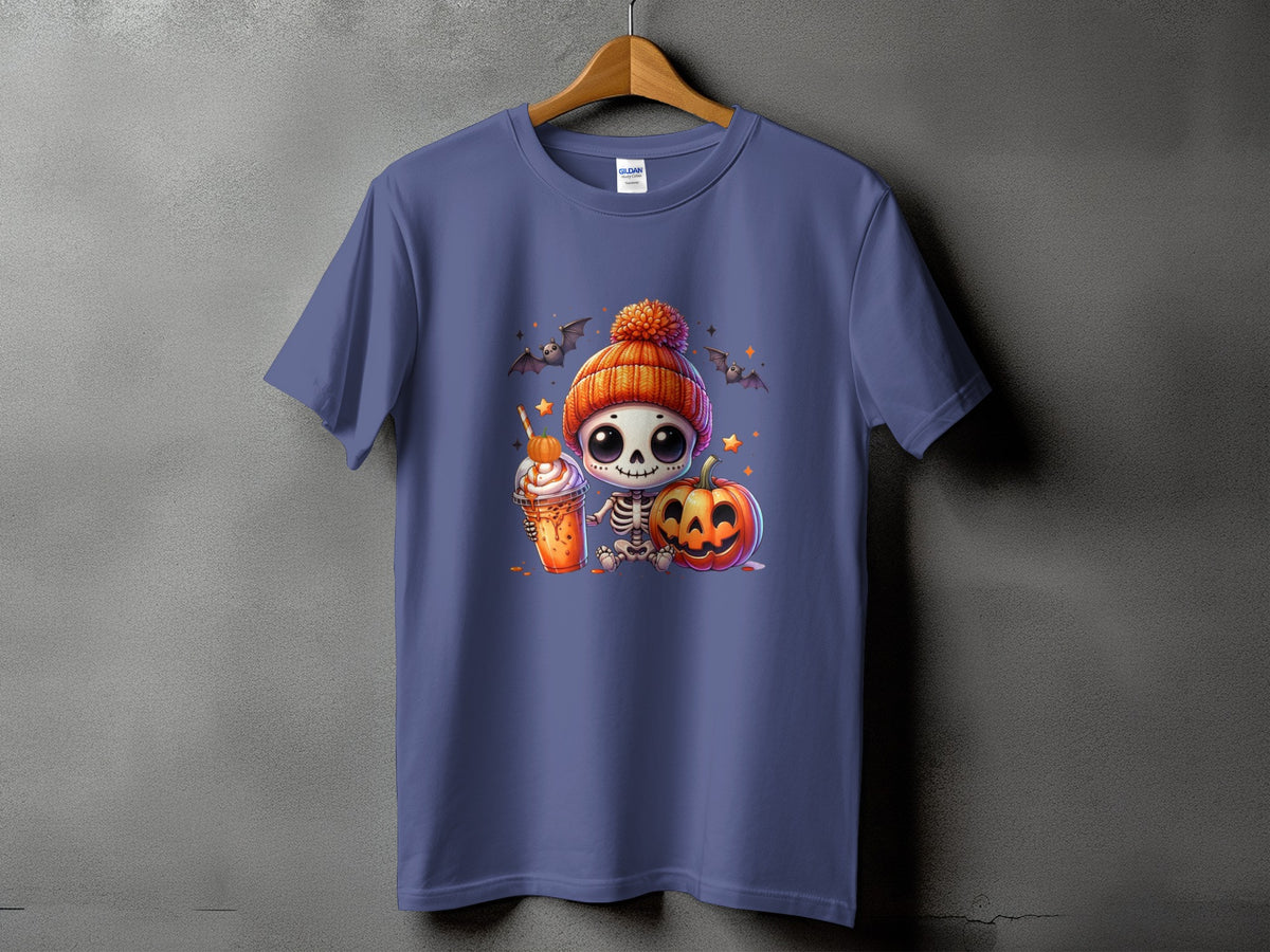 T-shirt with cute skeleton, pumpkin, and latte Halloween graphic.