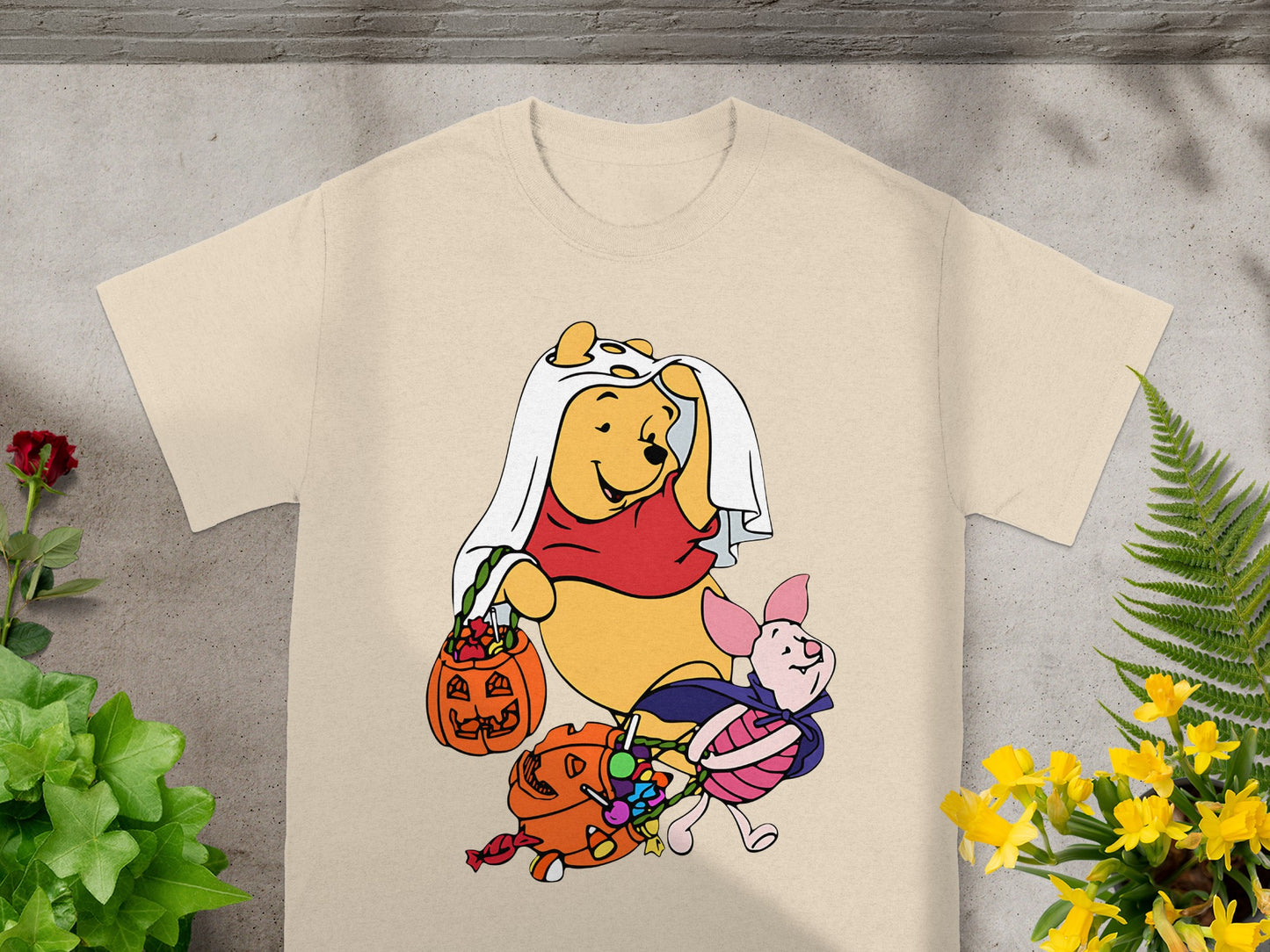 Winnie the Pooh and Piglet trick-or-treating with candy and pumpkins.