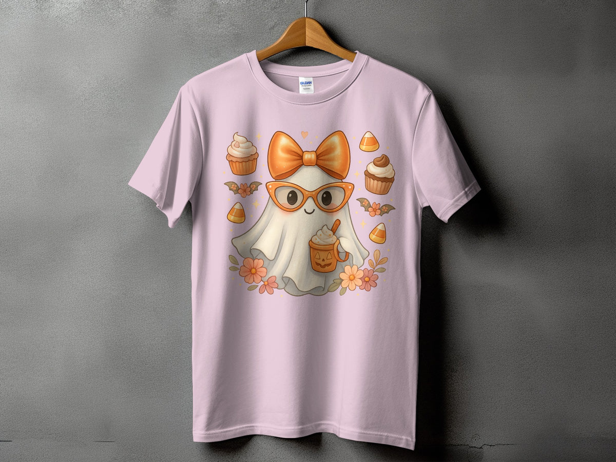 Ghost with glasses, bow, and pumpkin spice latte surrounded by cupcakes and candy corn.