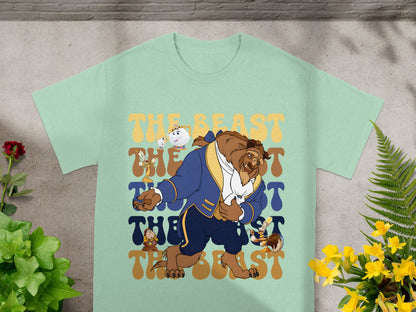 The Beast from Beauty and the Beast on a light green t-shirt.