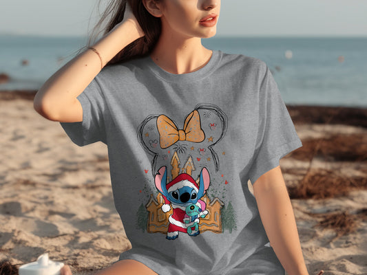 Santa Stitch with Christmas Castle Graphic T-shirt
