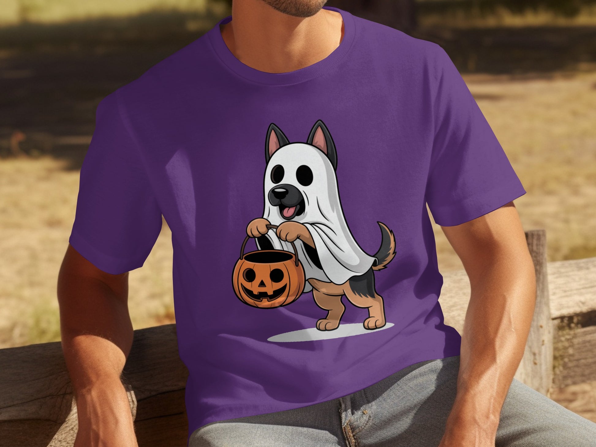 Halloween Dog in Ghost Costume Purple T-shirt