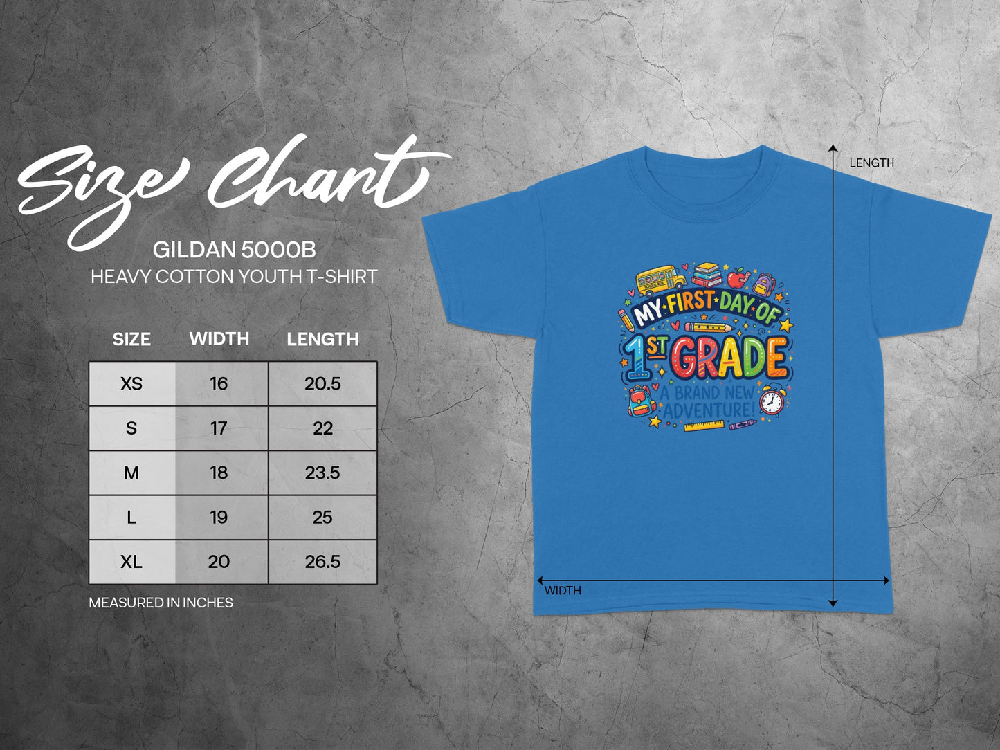 GILDAN 5000B youth t-shirt size chart with width and length measurements in inches.