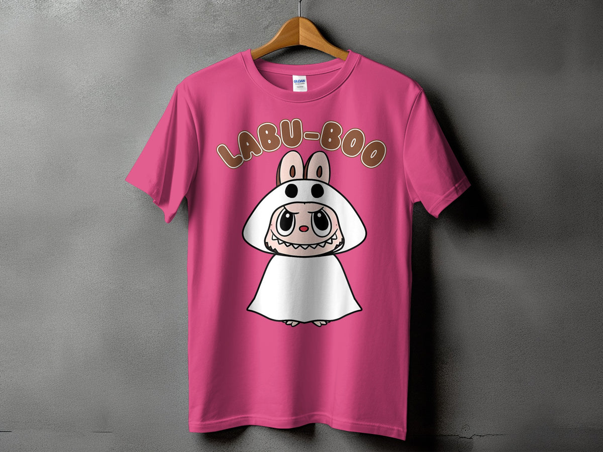 Pink t-shirt with "LABU-BOO" text and a cartoon character wearing a bunny hood.