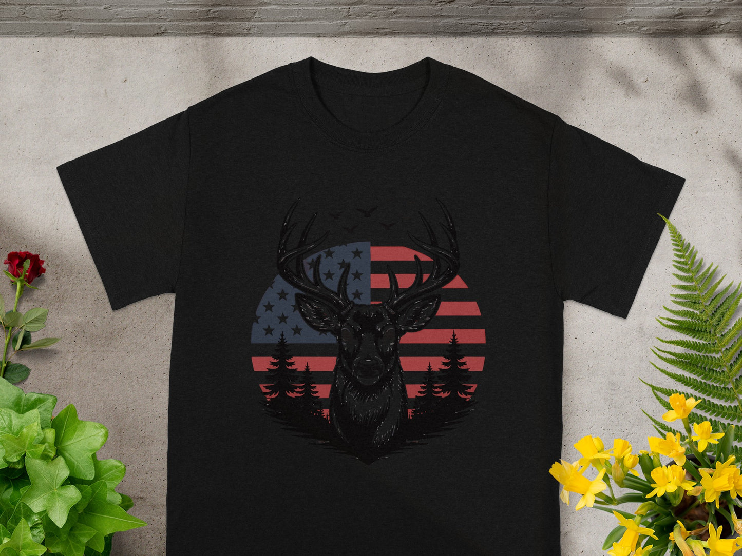 Black t-shirt with a deer silhouette against a distressed American flag circle.