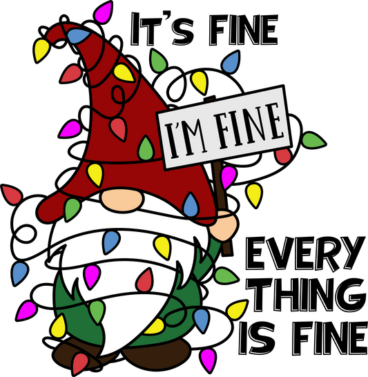 Christmas Gnome Tangled in Lights It's Fine I'm Fine Everything is Fine