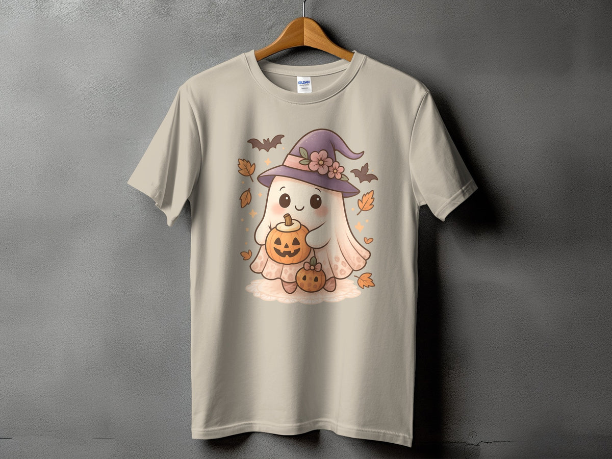Cute ghost wearing a witch hat holding pumpkins and surrounded by autumn leaves and bats.