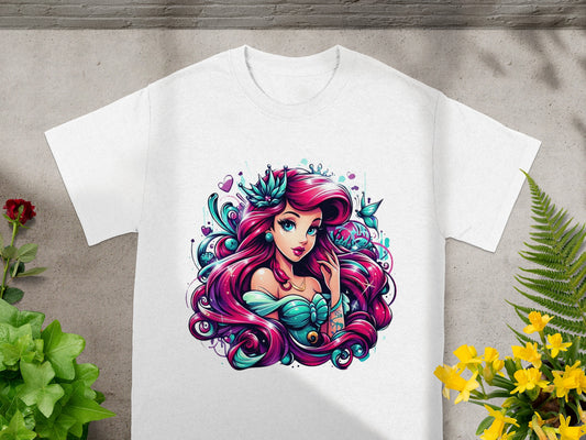 White t-shirt with Ariel from The Little Mermaid illustration.
