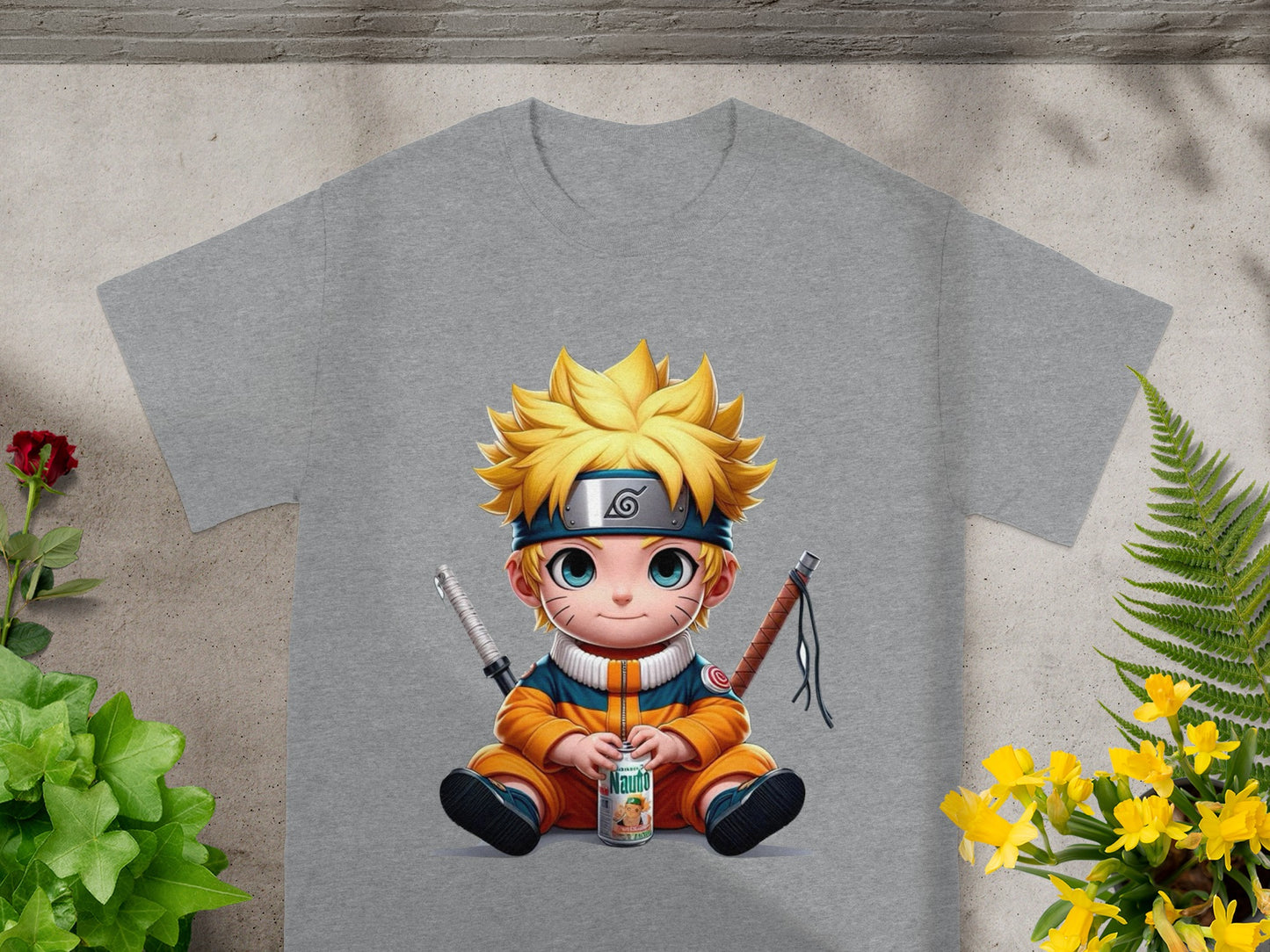 Naruto character holding a drink and swords, wearing a gray t-shirt.