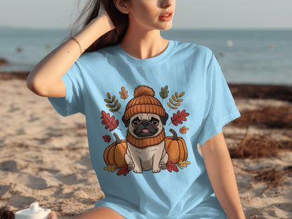 Cute Pug in Autumn Attire with Pumpkins T-shirt