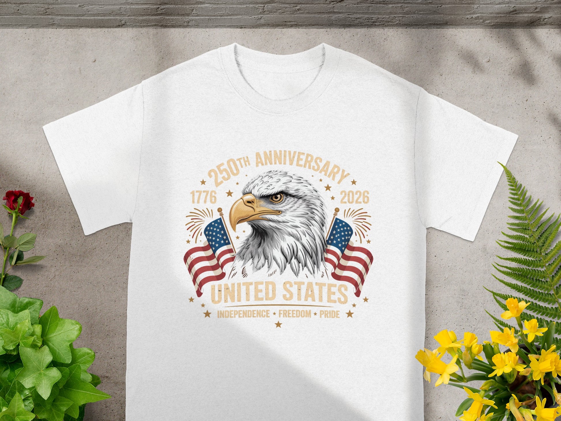 T-shirt with eagle, American flags, and 250th Anniversary text.