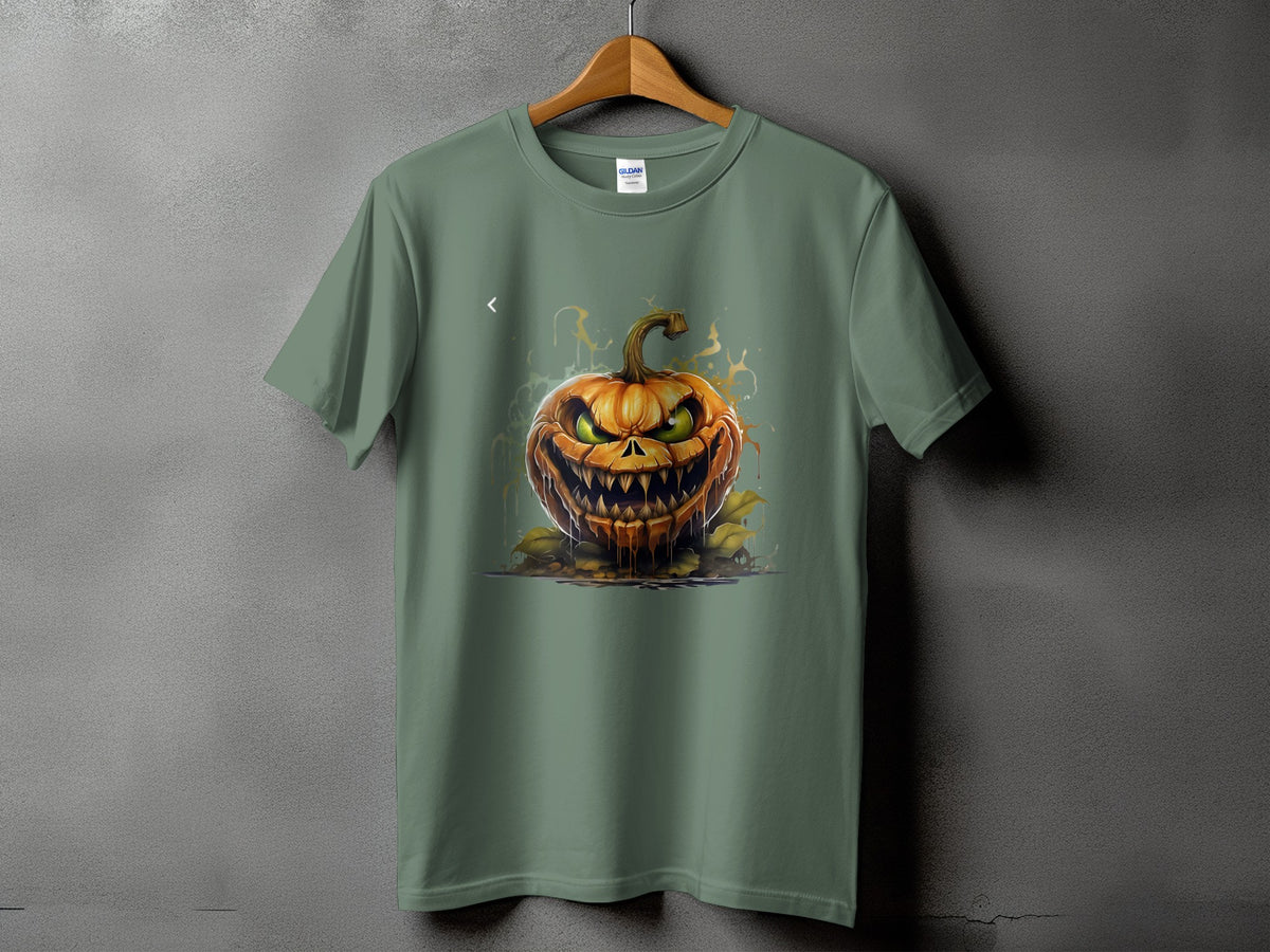 T-shirt with a graphic of a scary, dripping jack-o'-lantern and yellow splatters.