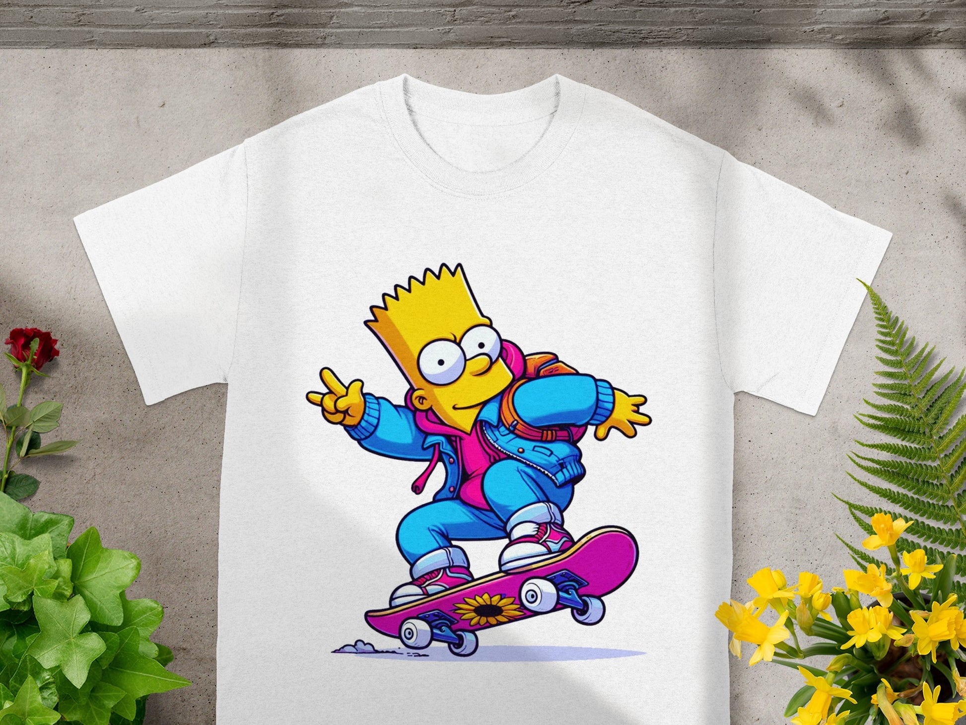 Bart Simpson on a skateboard, wearing blue jacket and pink pants.