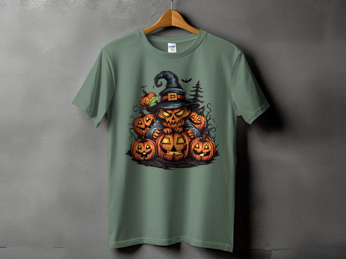 Green t-shirt with a Halloween graphic featuring a jack-o'-lantern in a witch hat surrounded by smaller pumpkins.