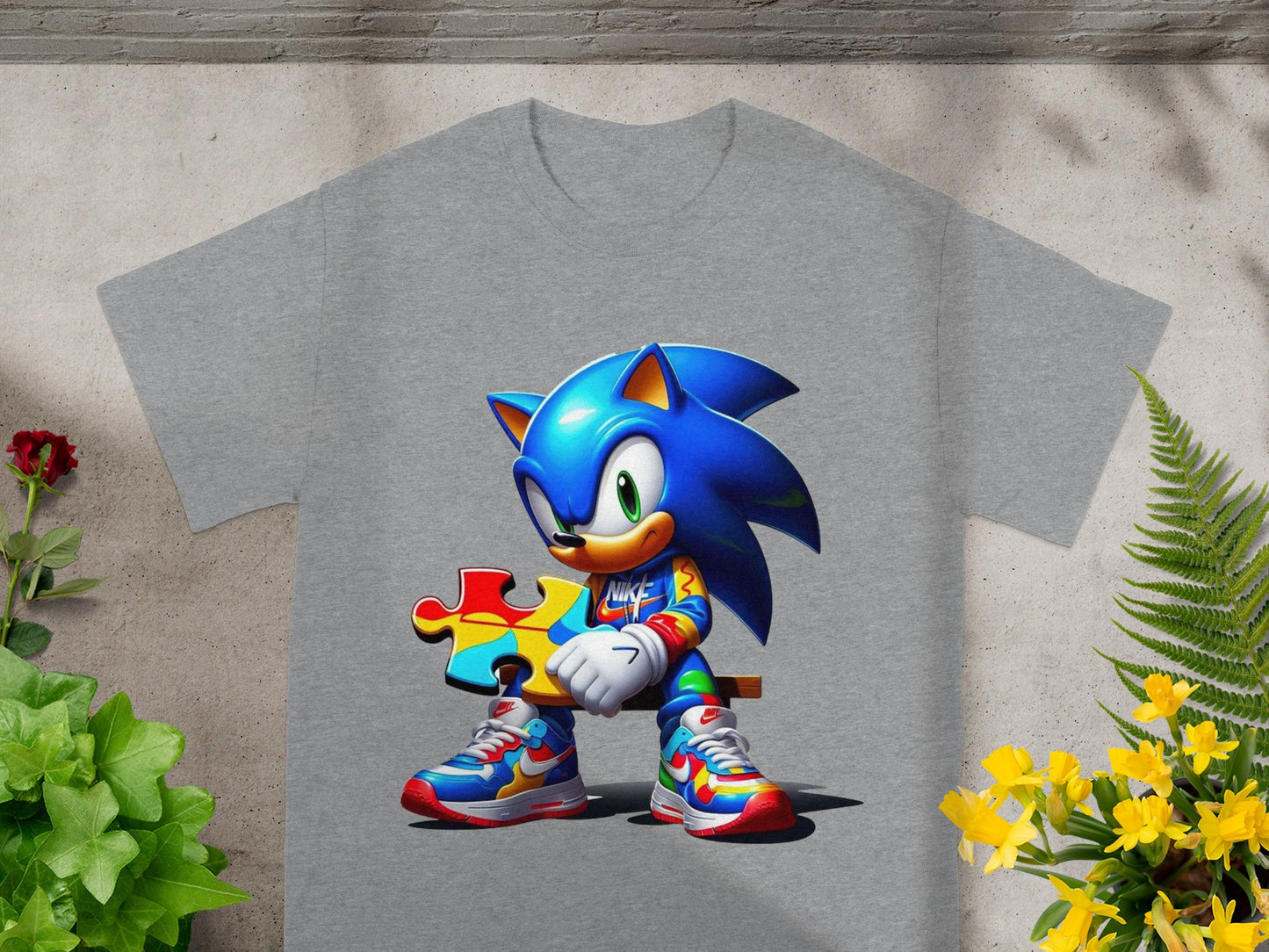 Sonic the Hedgehog wearing Nike sneakers holds a puzzle piece.