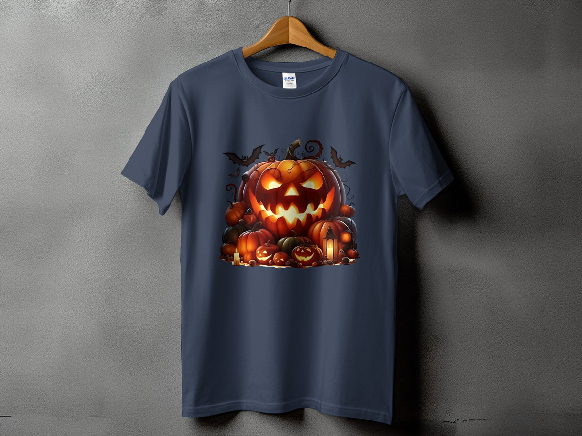 Dark blue t-shirt with a Halloween pumpkin graphic featuring bats and jack-o'-lanterns.