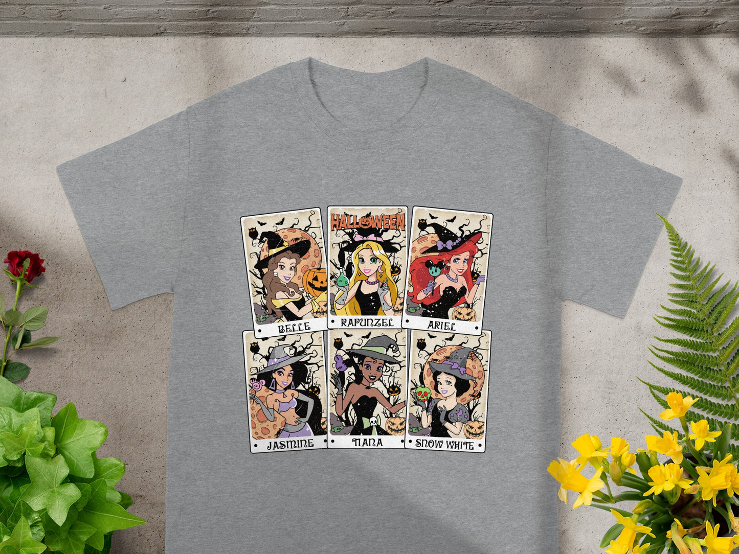 Halloween princesses Belle, Rapunzel, Ariel, Jasmine, Tiana, and Snow White tarot cards.