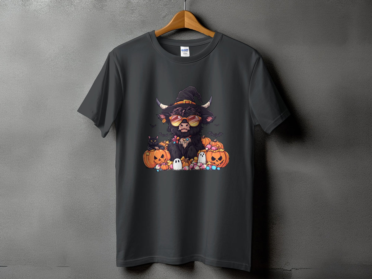 Dark gray t-shirt with Halloween Highland cow graphic, pumpkins, ghosts, and bats.
