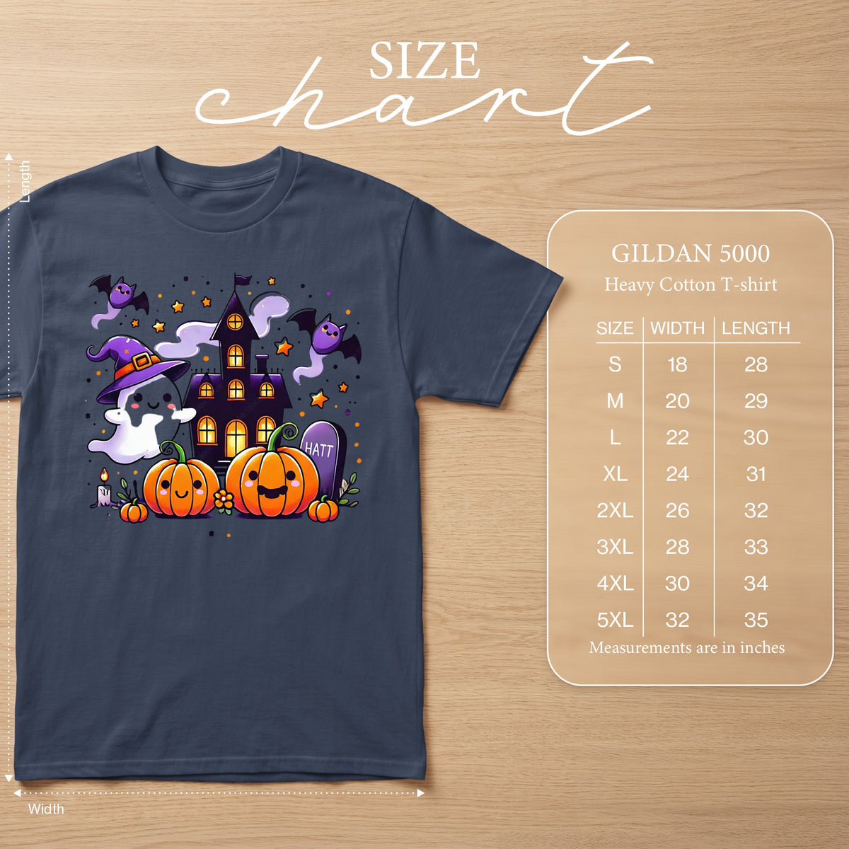 Halloween t-shirt with ghost, pumpkins, haunted house, and size chart.