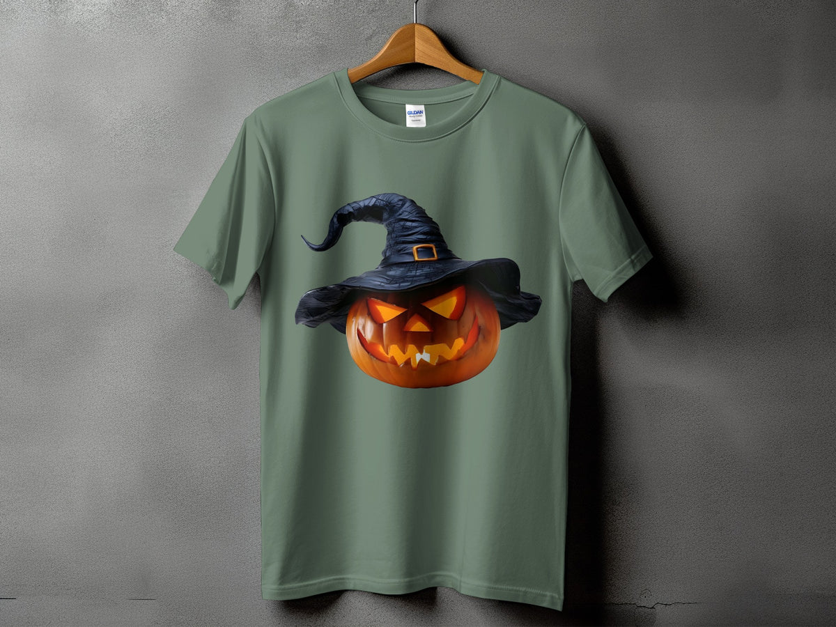 Green t-shirt with a jack-o'-lantern wearing a witch hat graphic.