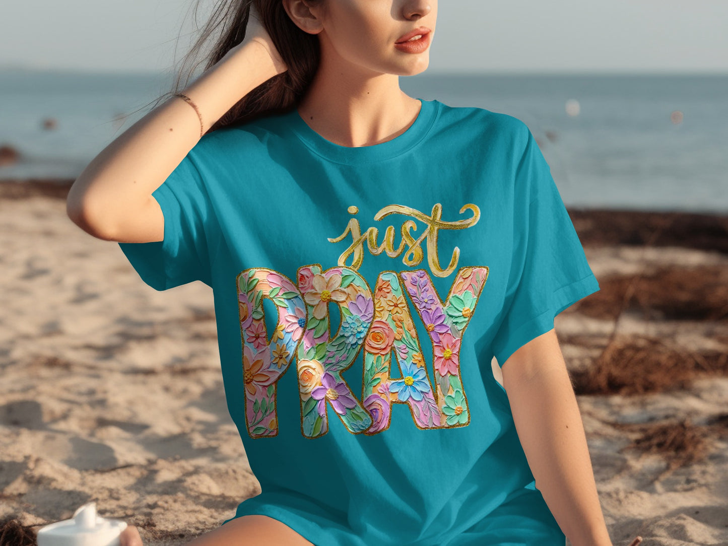 Floral Just Pray Graphic Teal T-Shirt