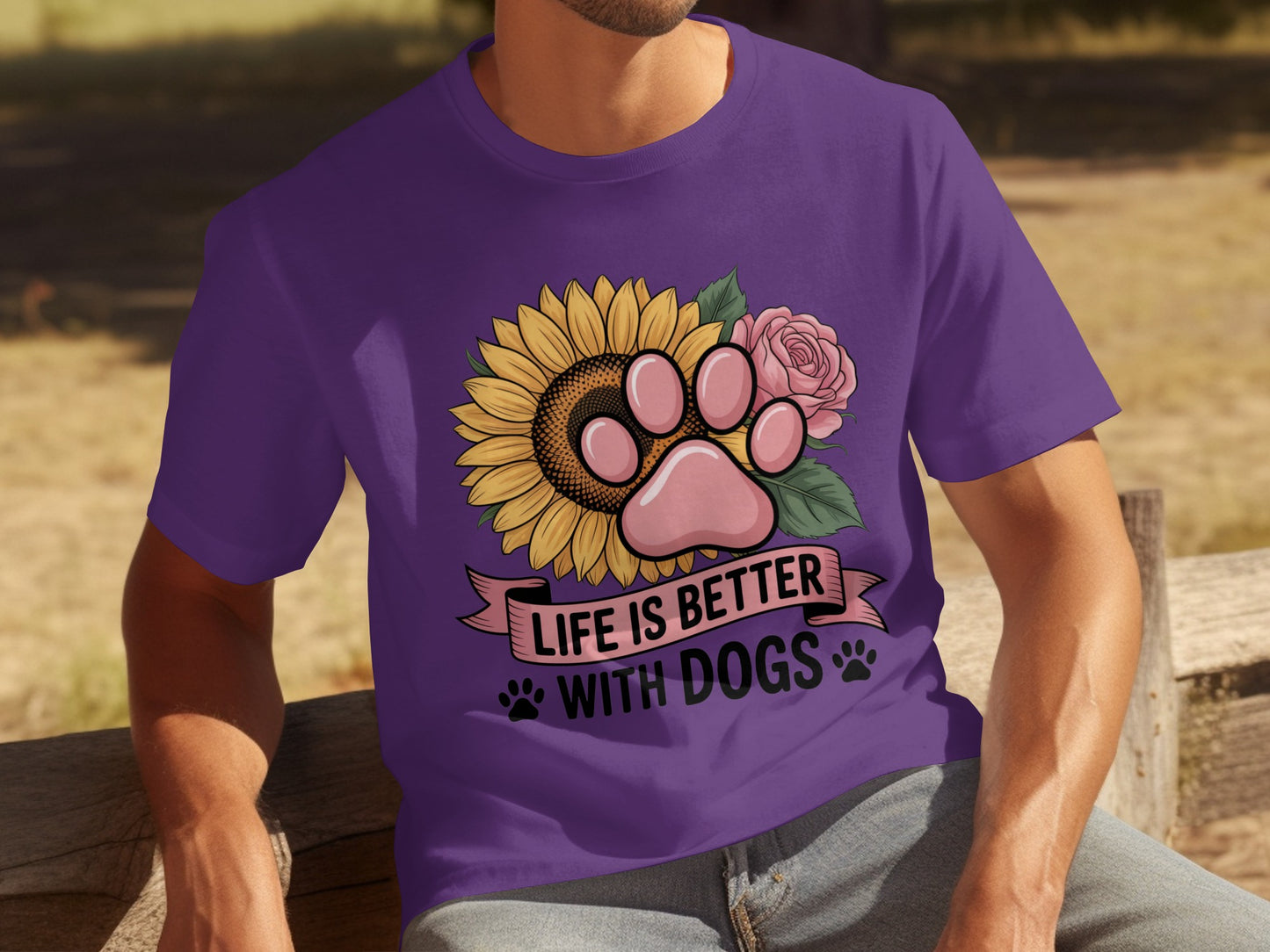 Life is Better with Dogs Sunflower Paw Print T-Shirt