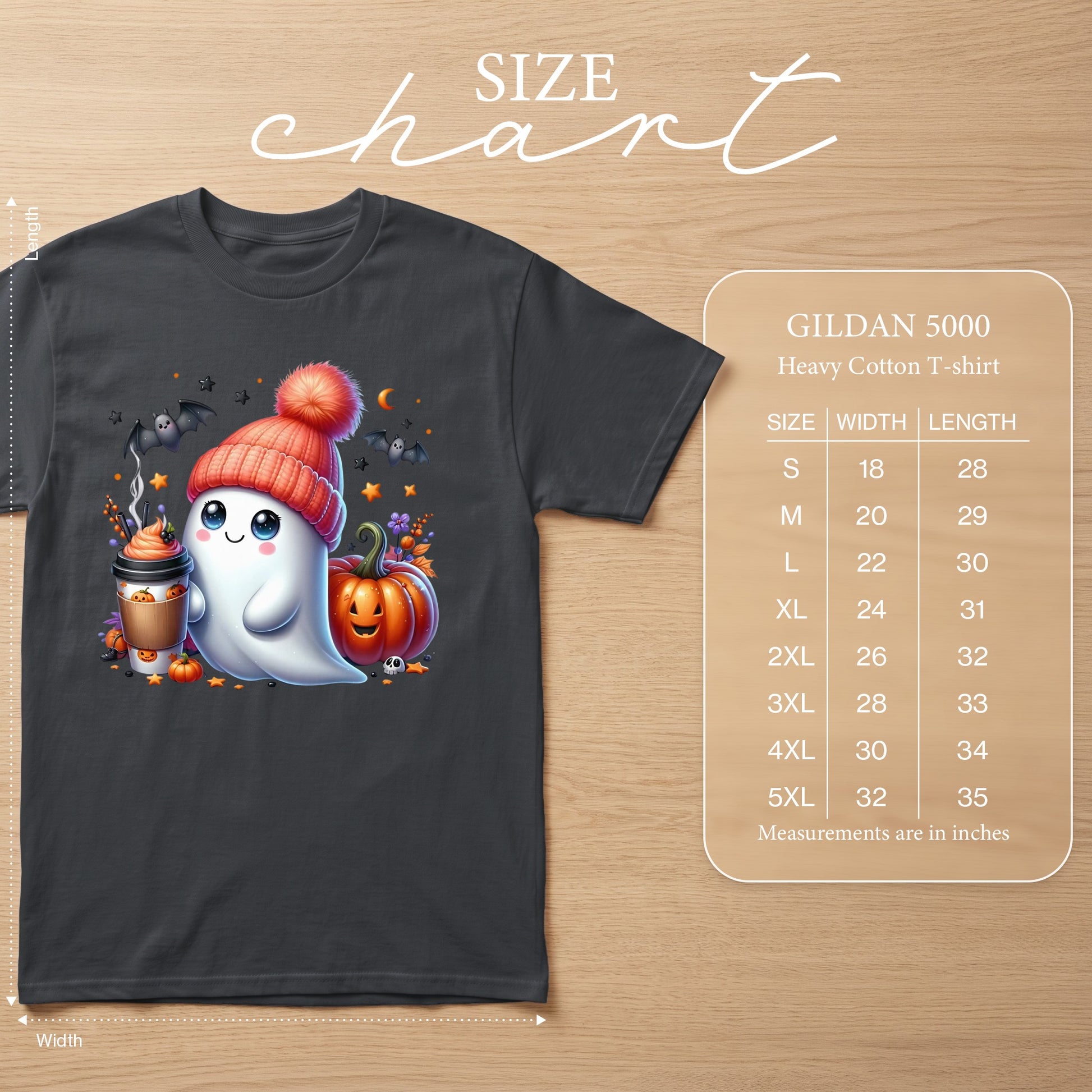 Cute Halloween ghost with coffee and pumpkin, size chart included.